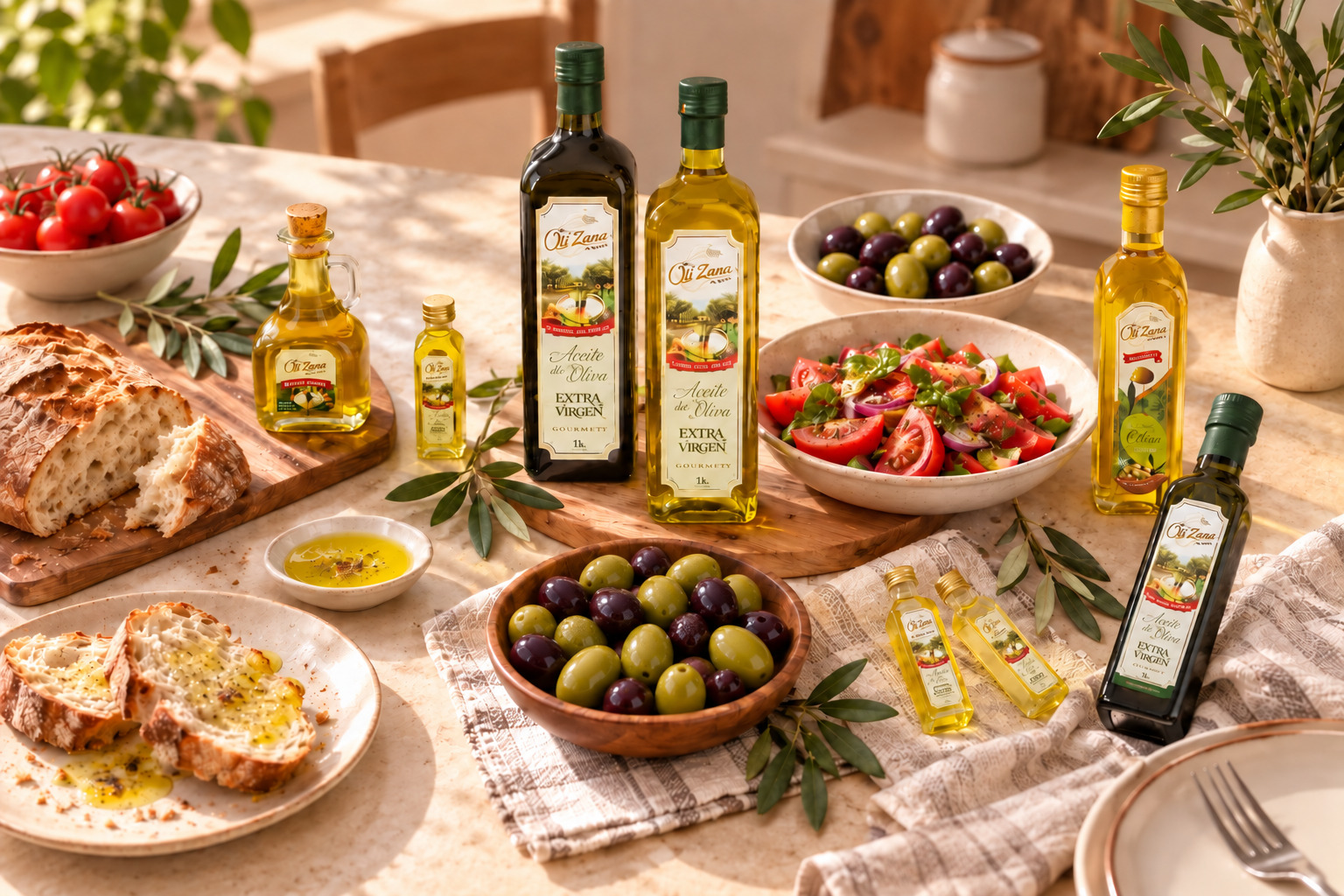 Selección de aceites de oliva y aceitunas OliZana servidos en una mesa